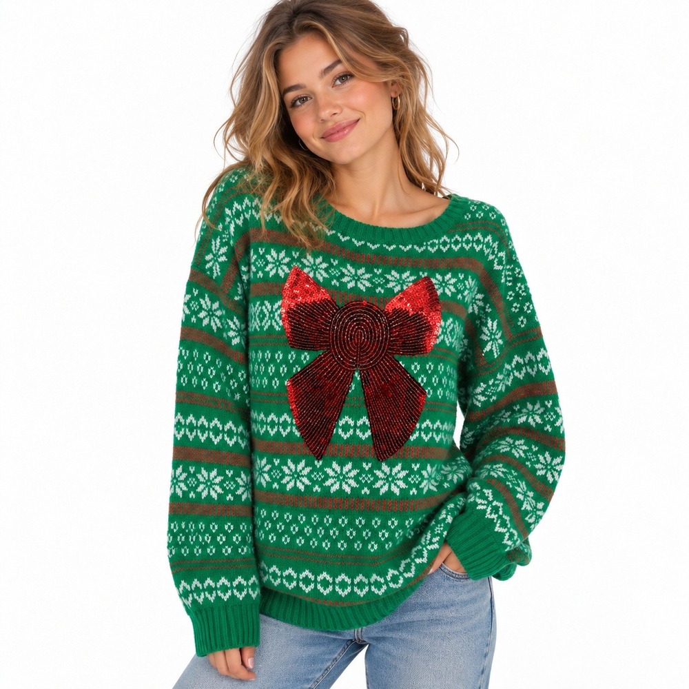 Isabella's Closet Christmas Sweater XL Kitschy Sequin Bow Fair Isle Holiday